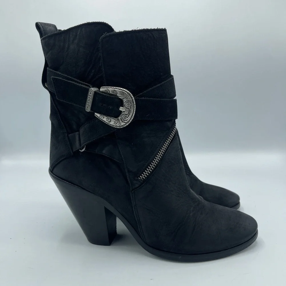 AllSaints TEJUS Ladies Black Leather Buckle Western Ankle